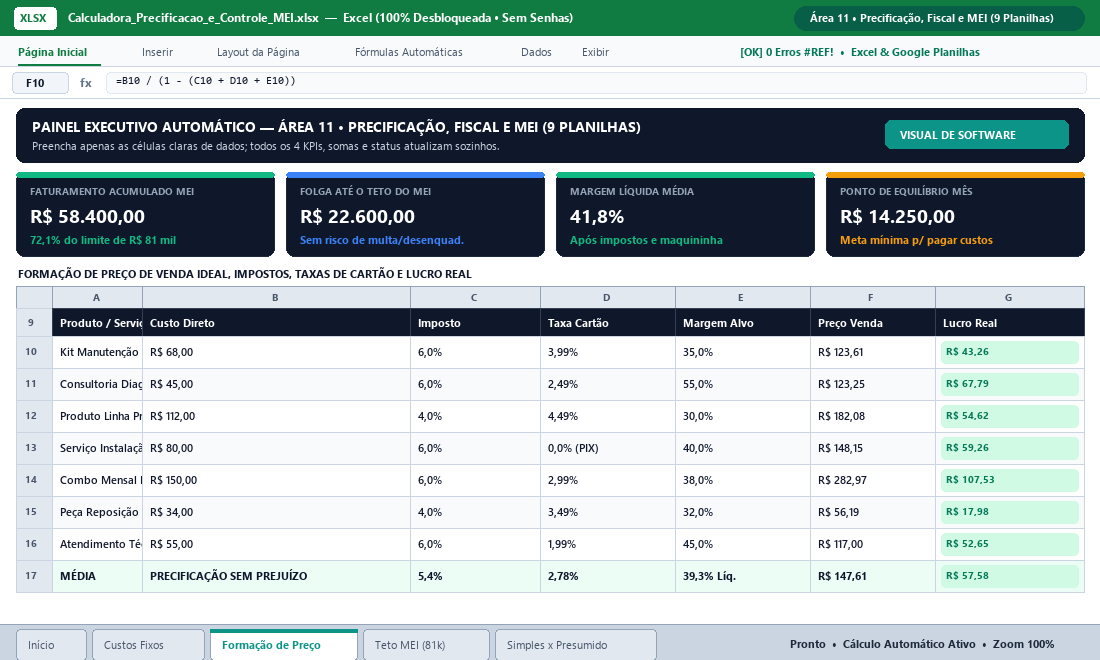 Tela da Planilha de Precificação e Markup no Excel